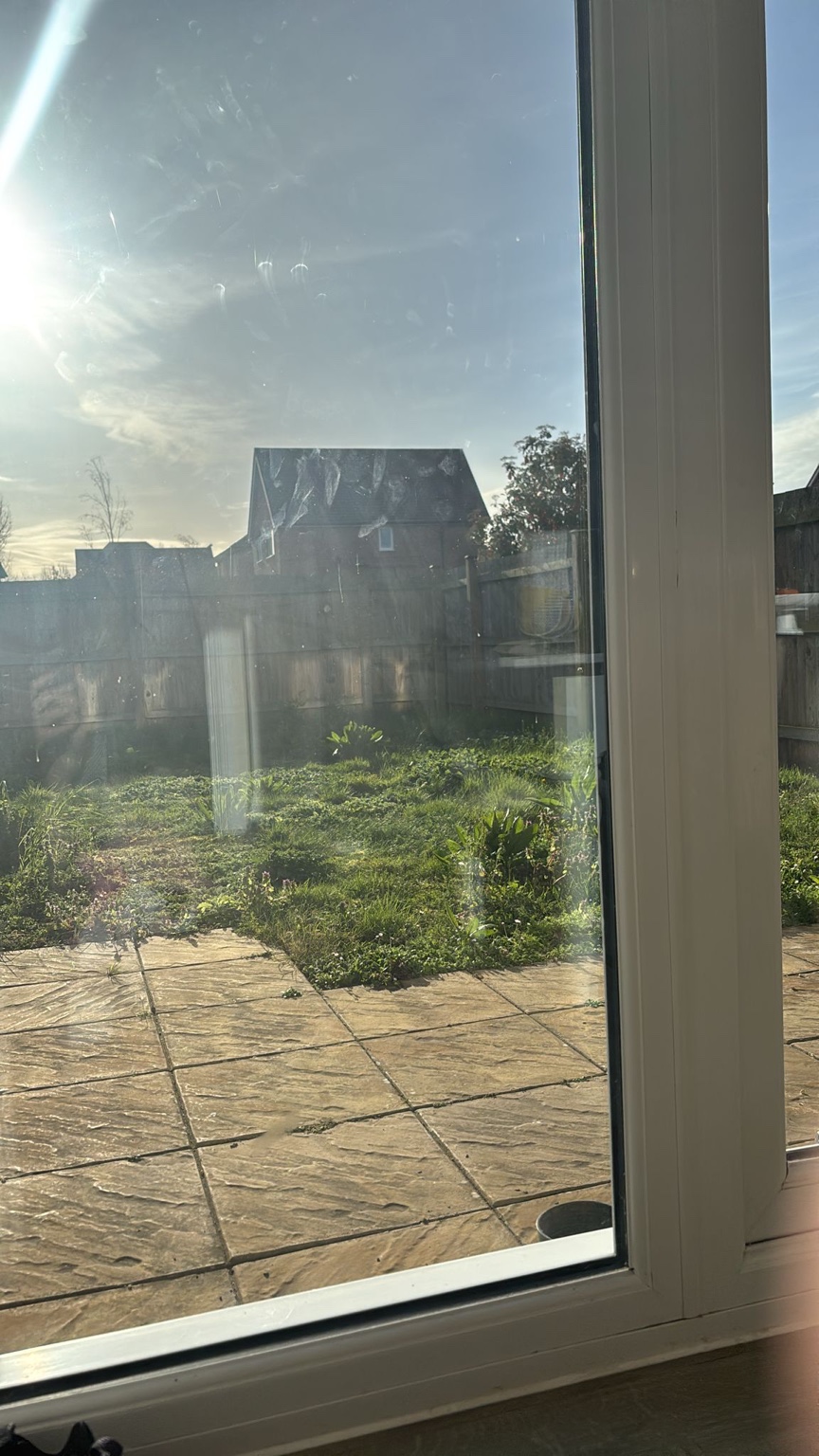 Before landscaping: existing paving, grass and timber fencing viewed through the house window