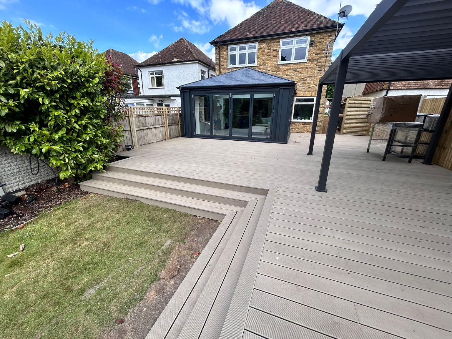 Completed decking terrace and steps at a property in Sittingbourne